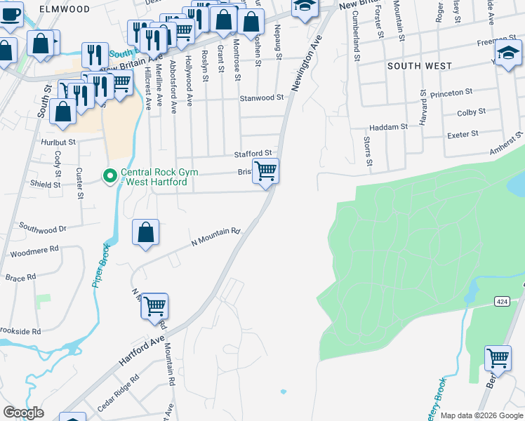 map of restaurants, bars, coffee shops, grocery stores, and more near 283 Newington Avenue in Hartford