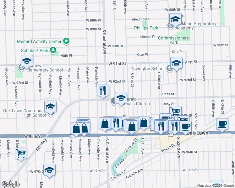 map of restaurants, bars, coffee shops, grocery stores, and more near 9233 South 55th Court in Oak Lawn