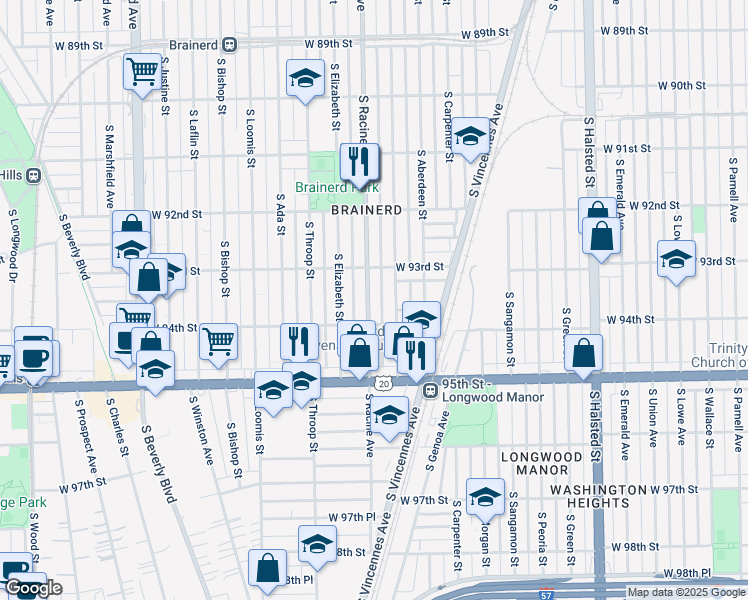 map of restaurants, bars, coffee shops, grocery stores, and more near 9335 South Racine Avenue in Chicago