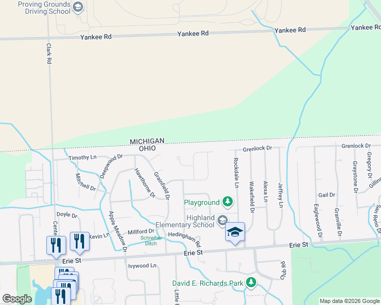 map of restaurants, bars, coffee shops, grocery stores, and more near 6129 Burrwood Drive in Sylvania