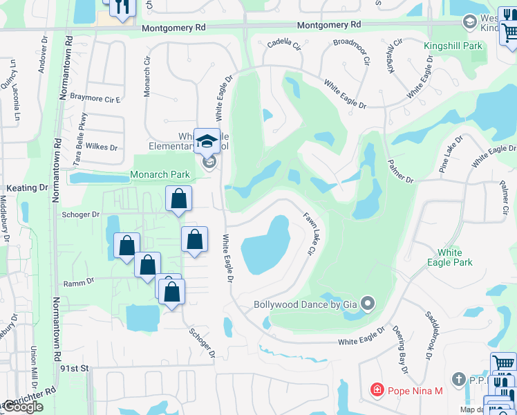 map of restaurants, bars, coffee shops, grocery stores, and more near 2327 Fawn Lake Circle in Naperville