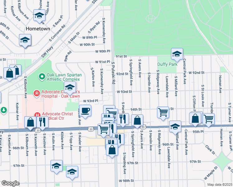 map of restaurants, bars, coffee shops, grocery stores, and more near 9301 South Pulaski Road in Evergreen Park