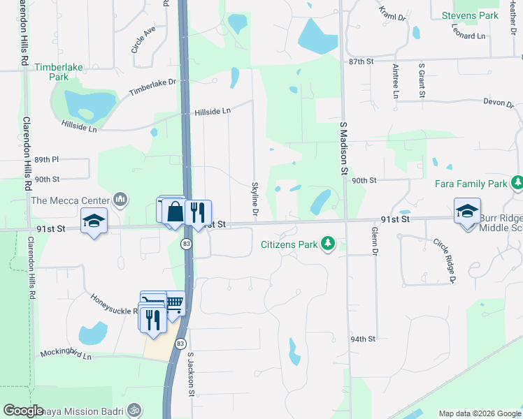 map of restaurants, bars, coffee shops, grocery stores, and more near 9035 Skyline Drive in Burr Ridge