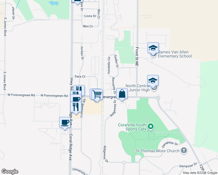 map of restaurants, bars, coffee shops, grocery stores, and more near 1825 Caleb Court in North Liberty
