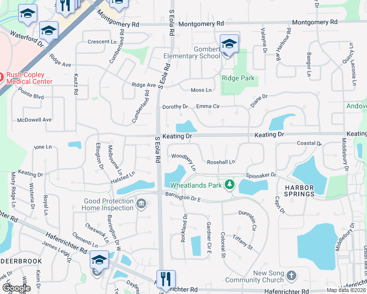 map of restaurants, bars, coffee shops, grocery stores, and more near 2509 Rosehall Lane in Aurora