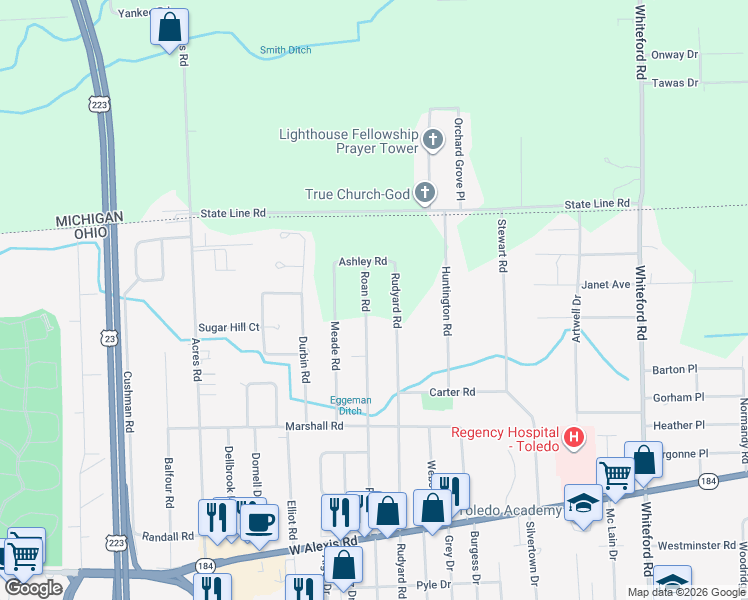 map of restaurants, bars, coffee shops, grocery stores, and more near 6028 Roan Road in Sylvania