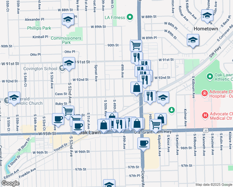 map of restaurants, bars, coffee shops, grocery stores, and more near 9247 South 49th Court in Oak Lawn