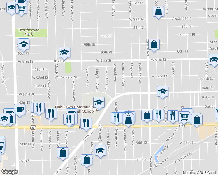 map of restaurants, bars, coffee shops, grocery stores, and more near 9225 Monitor Avenue in Oak Lawn
