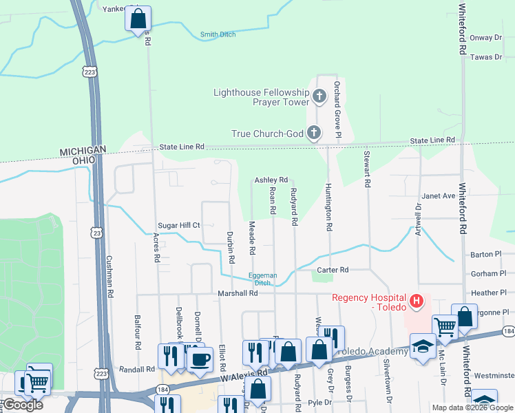 map of restaurants, bars, coffee shops, grocery stores, and more near 6030 Meade Road in Sylvania