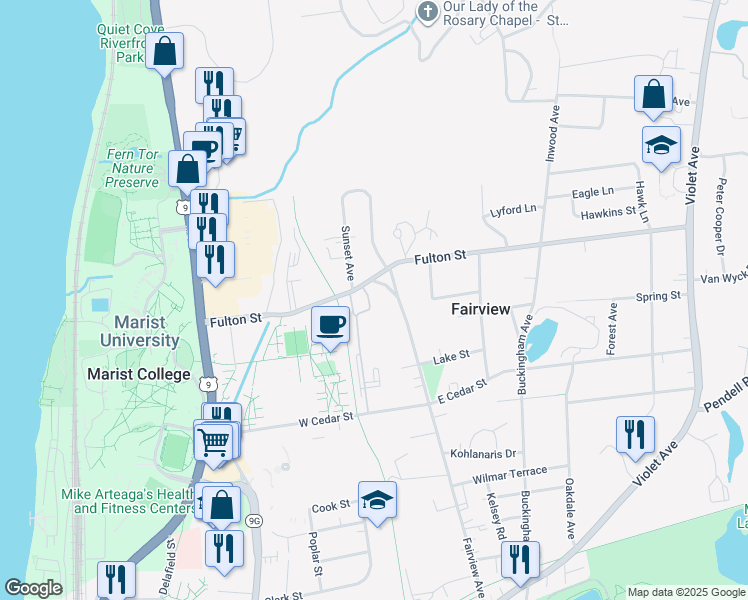 map of restaurants, bars, coffee shops, grocery stores, and more near 66 Fulton Street in Poughkeepsie
