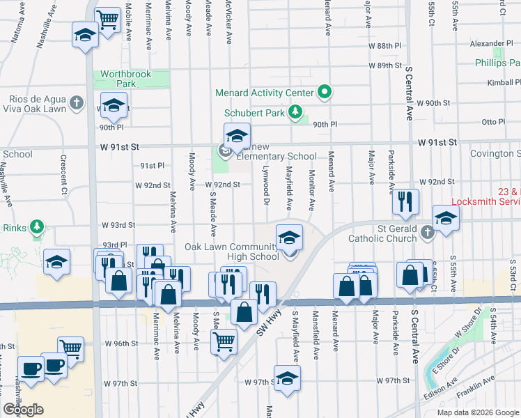 map of restaurants, bars, coffee shops, grocery stores, and more near 9224 Lynwood Dr in Oak Lawn