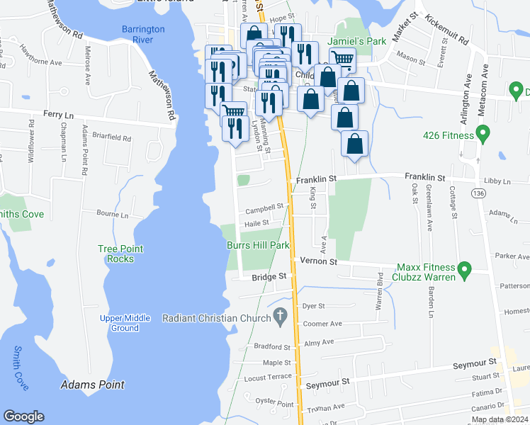 map of restaurants, bars, coffee shops, grocery stores, and more near 34 Campbell Street in Warren