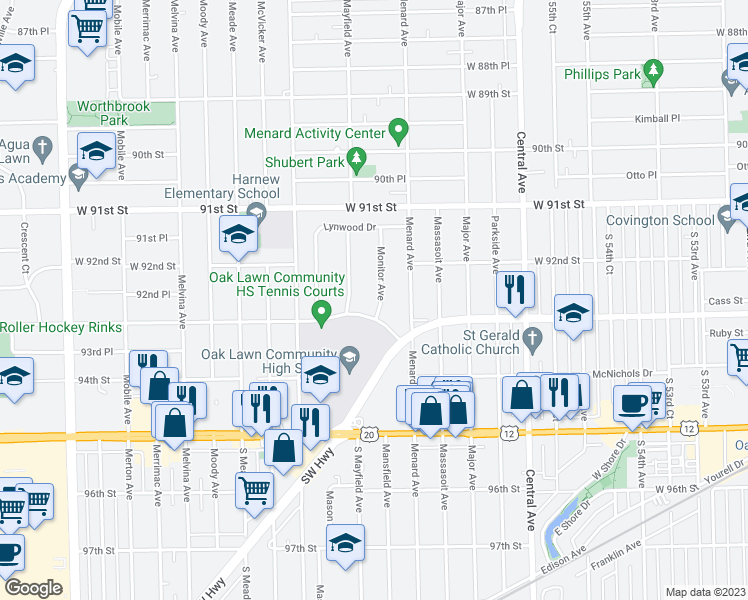 map of restaurants, bars, coffee shops, grocery stores, and more near 9224 Monitor Avenue in Oak Lawn