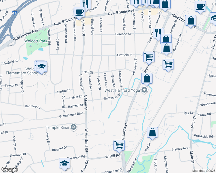 map of restaurants, bars, coffee shops, grocery stores, and more near 24 Lewis Ln in West Hartford