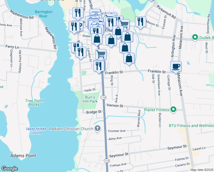 map of restaurants, bars, coffee shops, grocery stores, and more near 6 Campbell Street in Warren