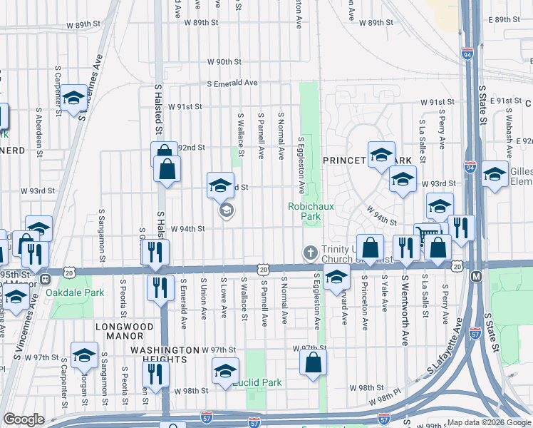 map of restaurants, bars, coffee shops, grocery stores, and more near 9340 South Parnell Avenue in Chicago