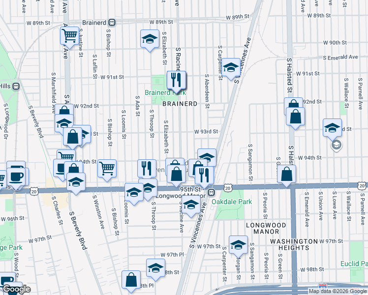 map of restaurants, bars, coffee shops, grocery stores, and more near 9335 South Racine Avenue in Chicago