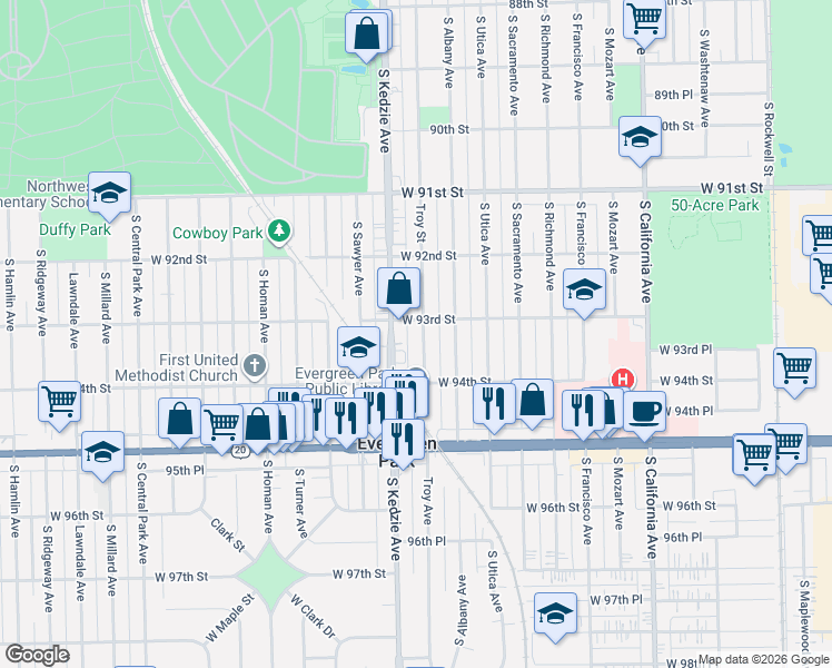 map of restaurants, bars, coffee shops, grocery stores, and more near 9311 South Troy Avenue in Evergreen Park