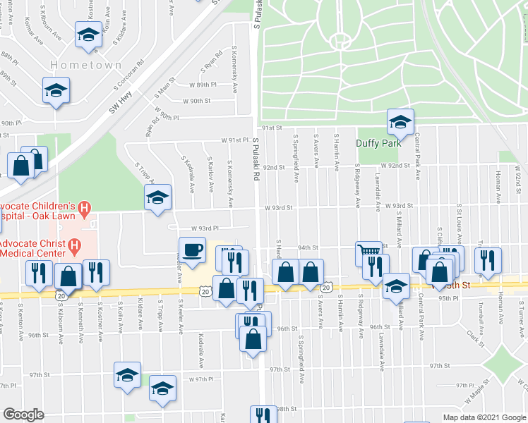 map of restaurants, bars, coffee shops, grocery stores, and more near in Evergreen Park