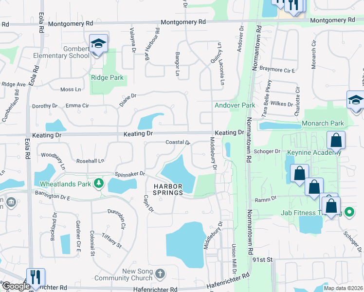 map of restaurants, bars, coffee shops, grocery stores, and more near 3007 Coastal Drive in Aurora