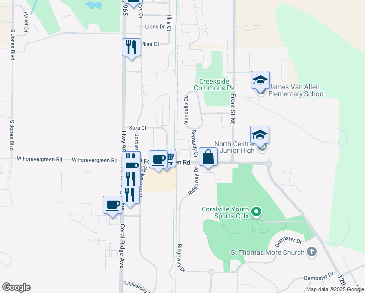 map of restaurants, bars, coffee shops, grocery stores, and more near 1825 Caleb Court in North Liberty