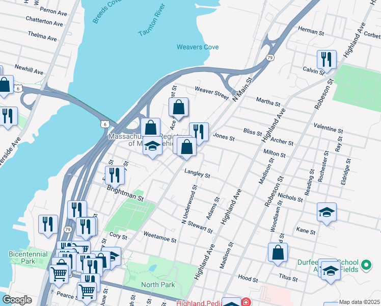 map of restaurants, bars, coffee shops, grocery stores, and more near 1784 North Main Street in Fall River