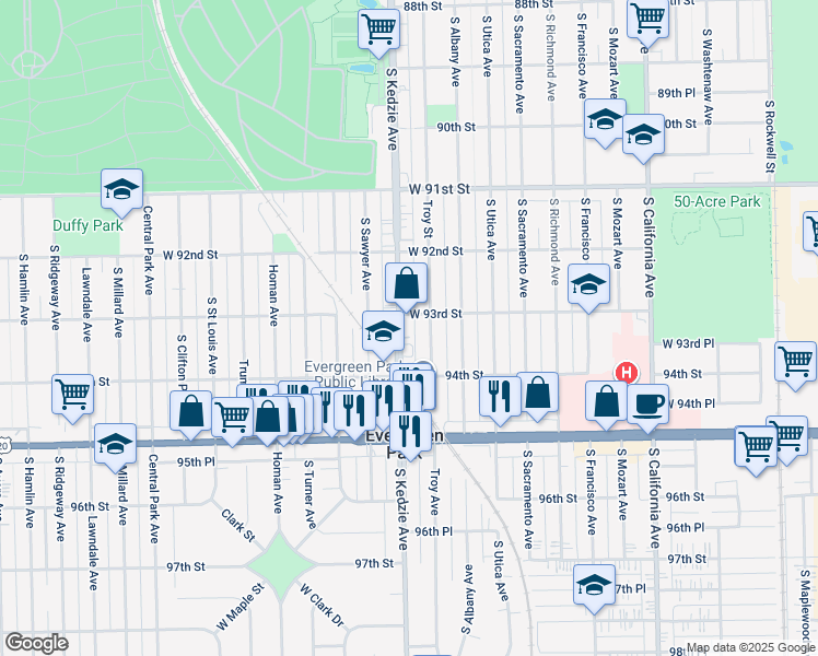 map of restaurants, bars, coffee shops, grocery stores, and more near 9308 South Kedzie Avenue in Evergreen Park