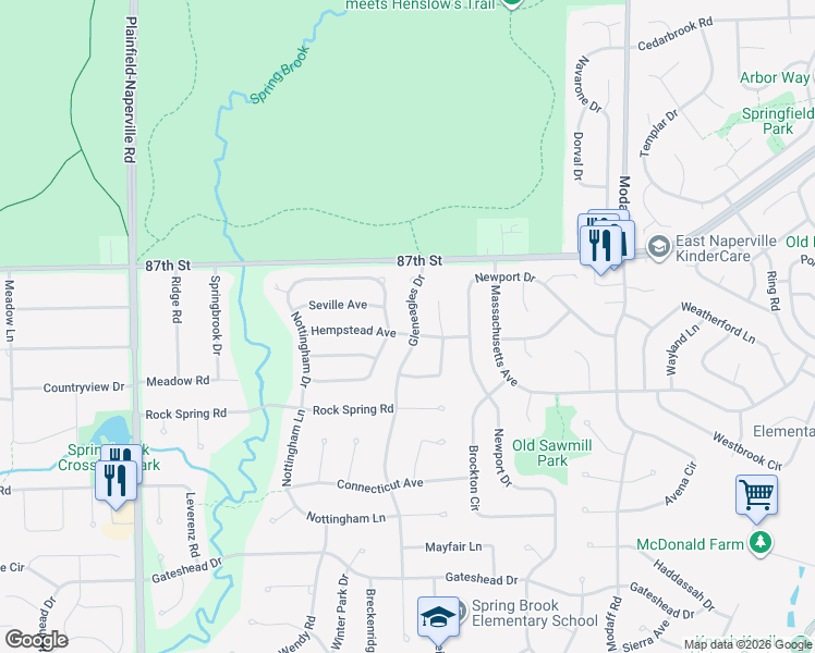 map of restaurants, bars, coffee shops, grocery stores, and more near 553 Hempstead Avenue in Naperville