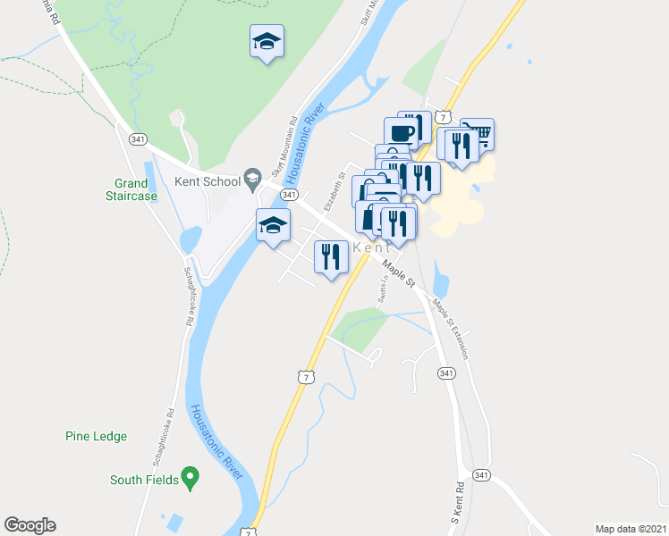 map of restaurants, bars, coffee shops, grocery stores, and more near 16 South Main Street in Kent