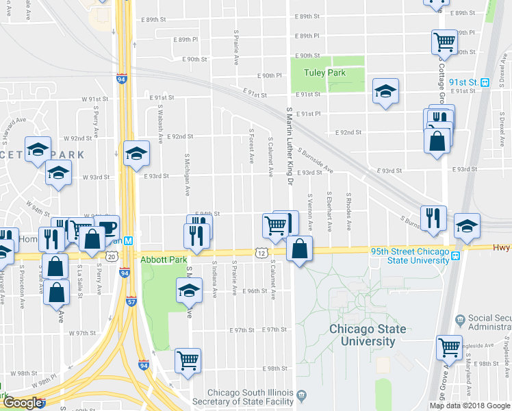 map of restaurants, bars, coffee shops, grocery stores, and more near 9351 South Forest Avenue in Chicago