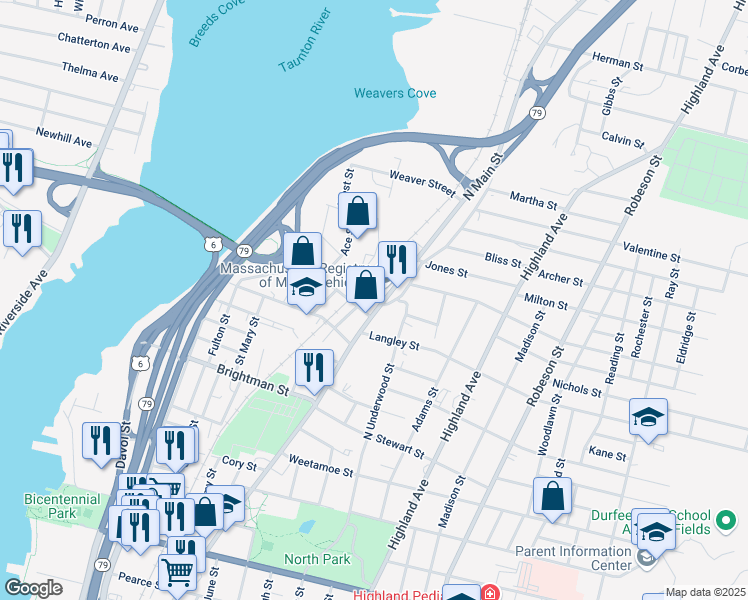 map of restaurants, bars, coffee shops, grocery stores, and more near 1822 North Main Street in Fall River