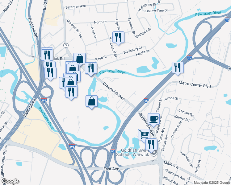 map of restaurants, bars, coffee shops, grocery stores, and more near 335 Greenwich Avenue in Warwick
