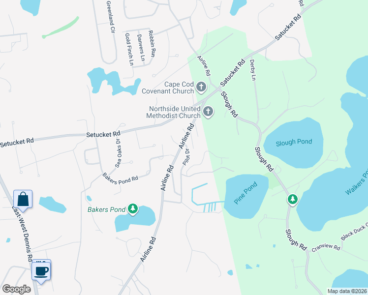 map of restaurants, bars, coffee shops, grocery stores, and more near 370 Airline Road in Dennis