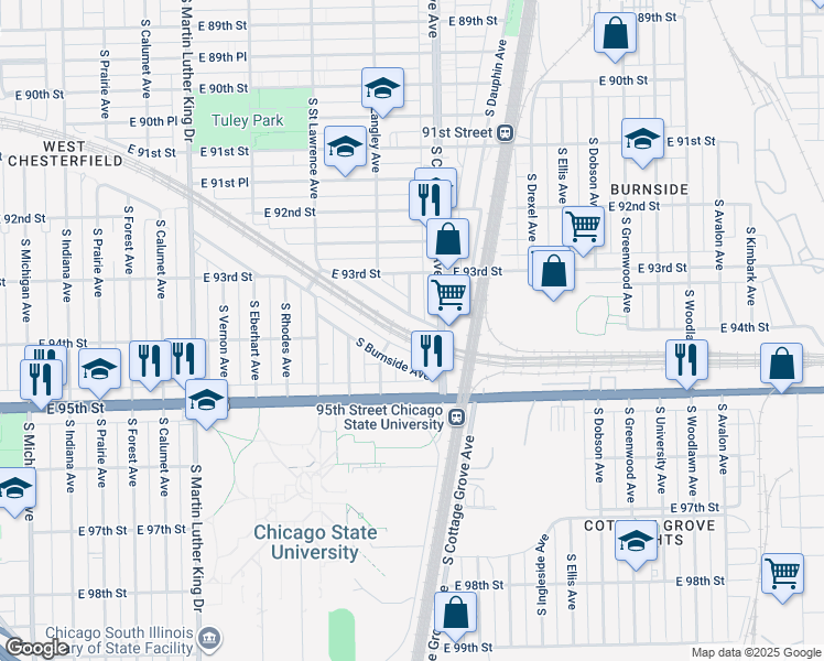 map of restaurants, bars, coffee shops, grocery stores, and more near 9406 South Cottage Grove Avenue in Chicago