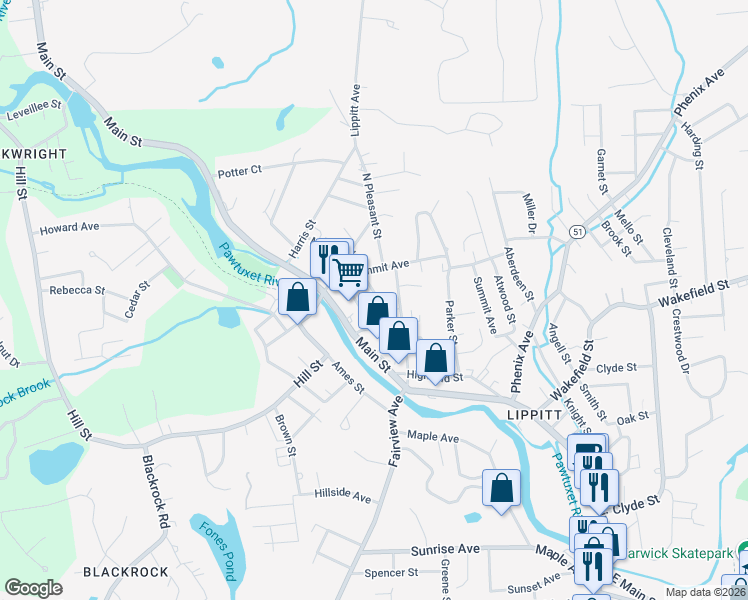 map of restaurants, bars, coffee shops, grocery stores, and more near 20 Urquhart Street in West Warwick