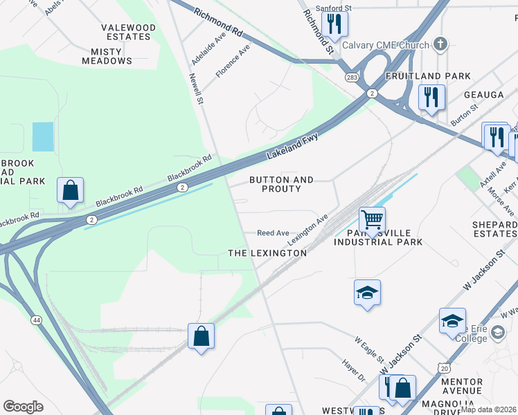 map of restaurants, bars, coffee shops, grocery stores, and more near 684 Newell Street in Painesville