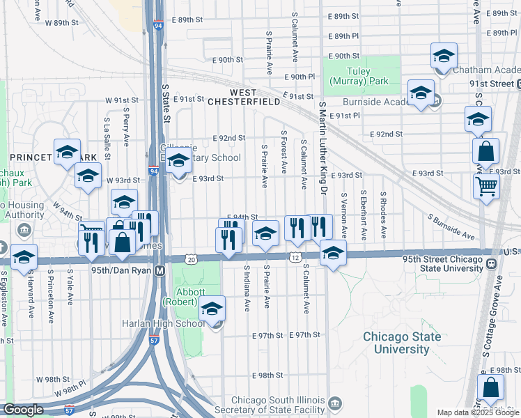 map of restaurants, bars, coffee shops, grocery stores, and more near 9348 South Prairie Avenue in Chicago