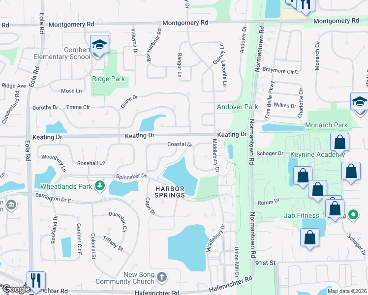 map of restaurants, bars, coffee shops, grocery stores, and more near 3007 Coastal Drive in Aurora