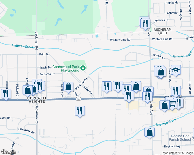 map of restaurants, bars, coffee shops, grocery stores, and more near 5930 Dalton Road in Toledo