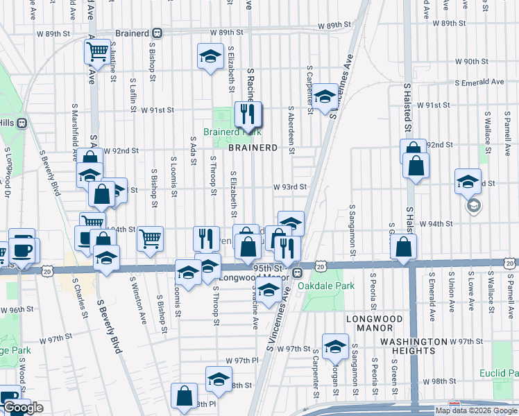 map of restaurants, bars, coffee shops, grocery stores, and more near 9335 South Racine Avenue in Chicago