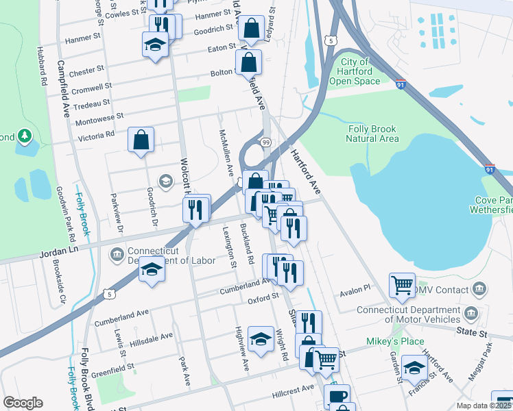 map of restaurants, bars, coffee shops, grocery stores, and more near 125 Silas Deane Highway in Wethersfield