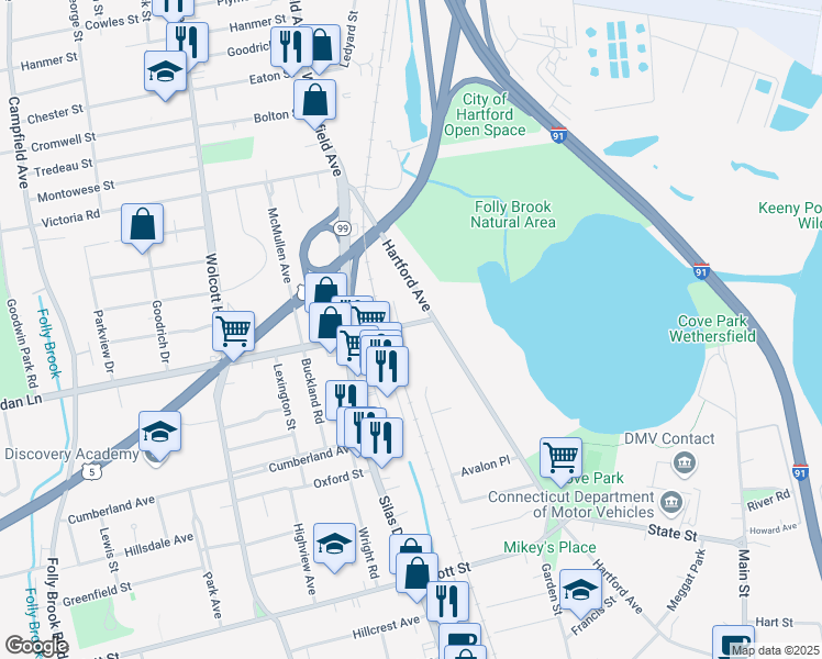 map of restaurants, bars, coffee shops, grocery stores, and more near 21 Jordan Lane in Wethersfield