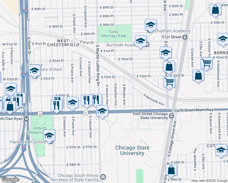 map of restaurants, bars, coffee shops, grocery stores, and more near 9352 South Eberhart Avenue in Chicago