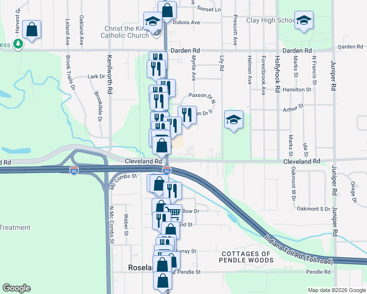 map of restaurants, bars, coffee shops, grocery stores, and more near 19671 Cleveland Road in South Bend