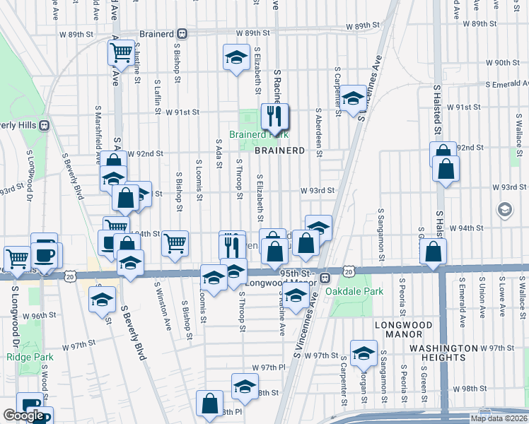 map of restaurants, bars, coffee shops, grocery stores, and more near 9329 South Elizabeth Street in Chicago