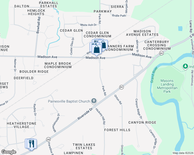map of restaurants, bars, coffee shops, grocery stores, and more near 74 Park Road in Painesville