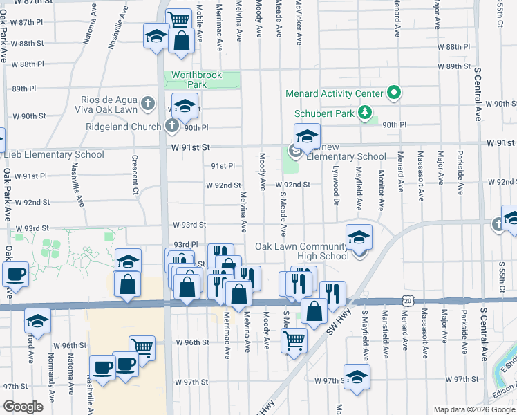 map of restaurants, bars, coffee shops, grocery stores, and more near 9220 Moody Avenue in Oak Lawn