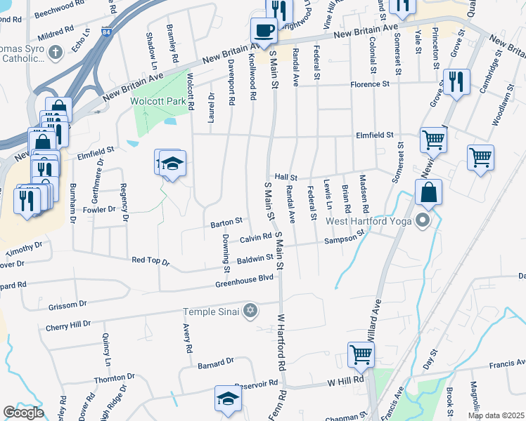 map of restaurants, bars, coffee shops, grocery stores, and more near 563 South Main Street in West Hartford