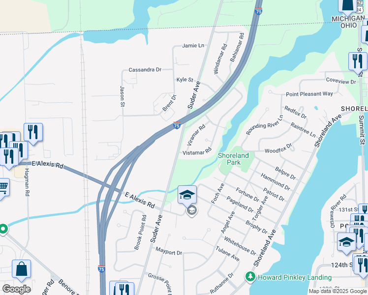 map of restaurants, bars, coffee shops, grocery stores, and more near 5806 Viramar Road in Toledo