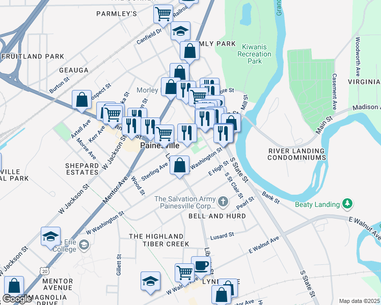 map of restaurants, bars, coffee shops, grocery stores, and more near 72 South Park Place in Painesville